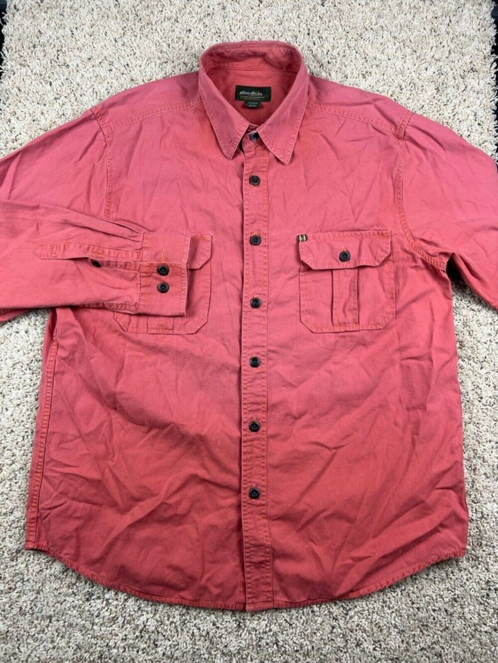 Eddie Bauer Shirt Mens L Salmon Red Pink Button Up Cotton Long Sleeve Outdoor